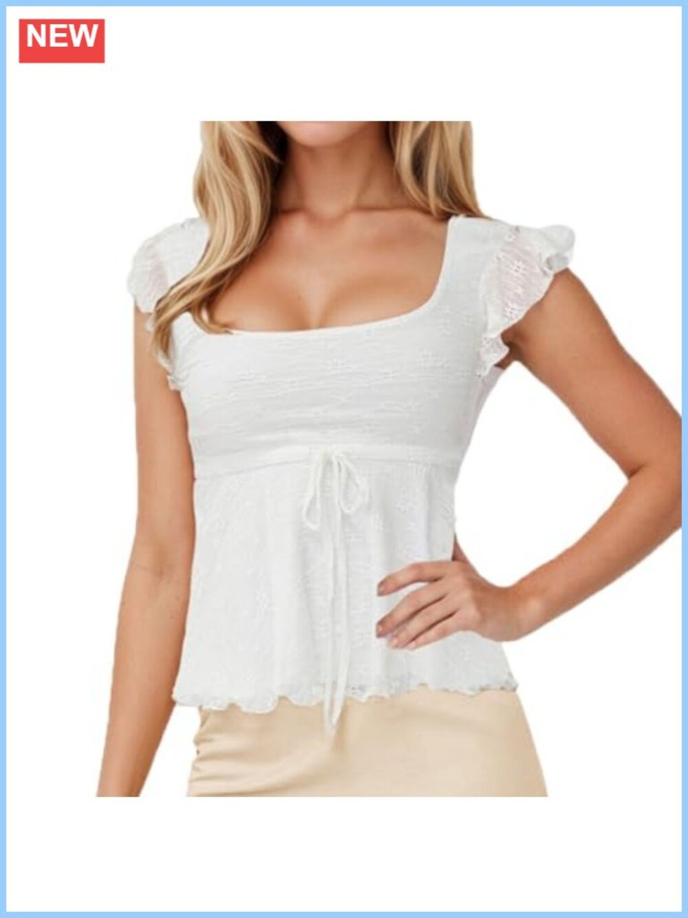 Square Neck Cap Sleeve Peplum Top Lace Up Layered Ruffle Hem Tee